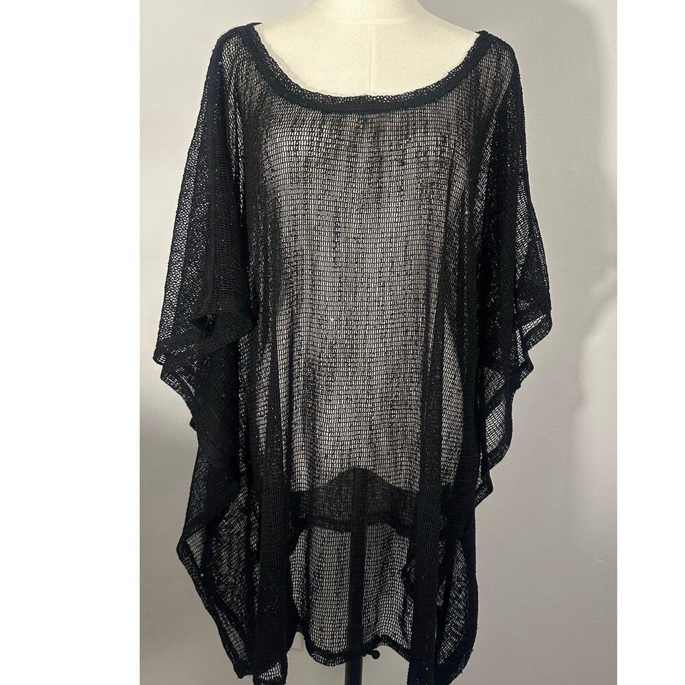 Vaddi Black Open Knit Poncho Cover Up Sheer Batwing Oversized Boho Beach L/XL